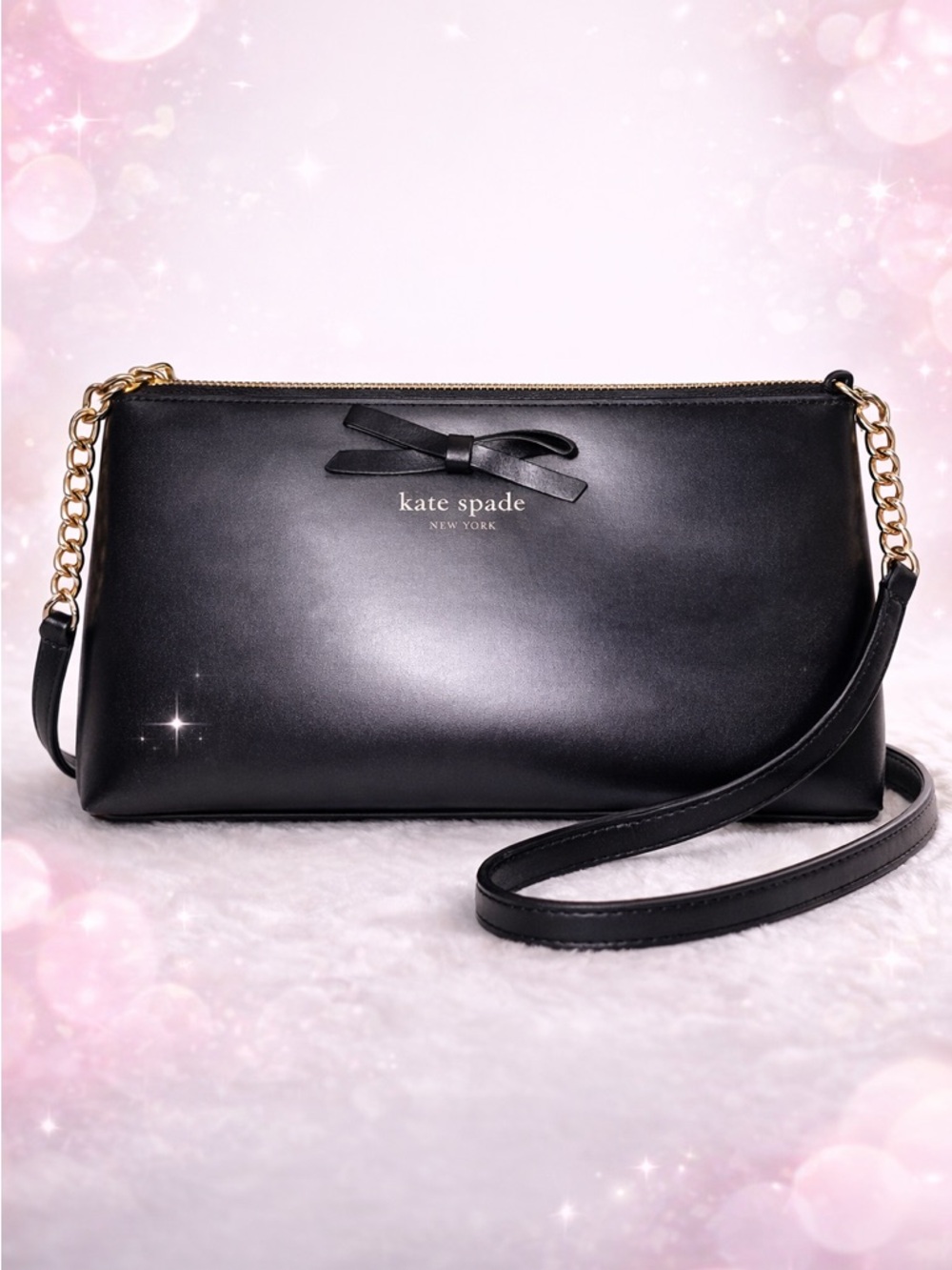 Kate Spade Black Leather Bow Shoulder Bag Crossbody Gold Chain Minimal Chic